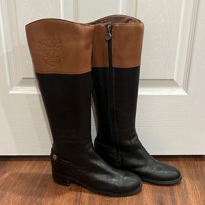 Brown and black leather boots